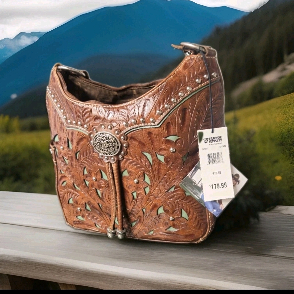 American West Brown Leather Shoulder Bag with Ornate Tooling